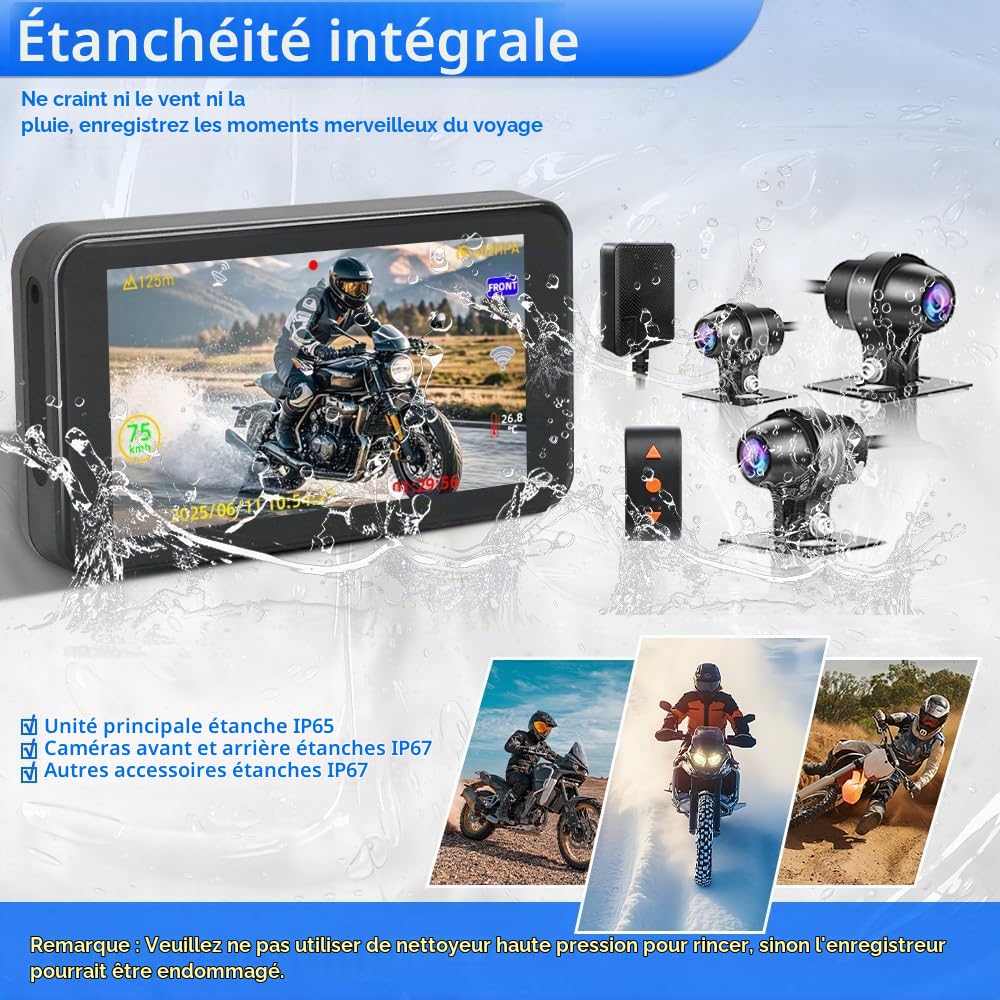 Caméra de Tableau de Bord pour Moto VSYSTO, écran 4,5'', caméras WiFi 1080P 3CH, Mode Selfie, GPS, contrôleur Filaire, Surveillance stationnement, Conduite assistée, Affichage température