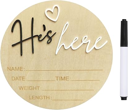 Baby Announcement Sign, 5.9 Inch Wooden Hello World Newborn Signs, Birth Announcement Sign, Gender Reveal Signs, Hes here Decoration, Welcome Newborn Arrival To World Hes,Black-A