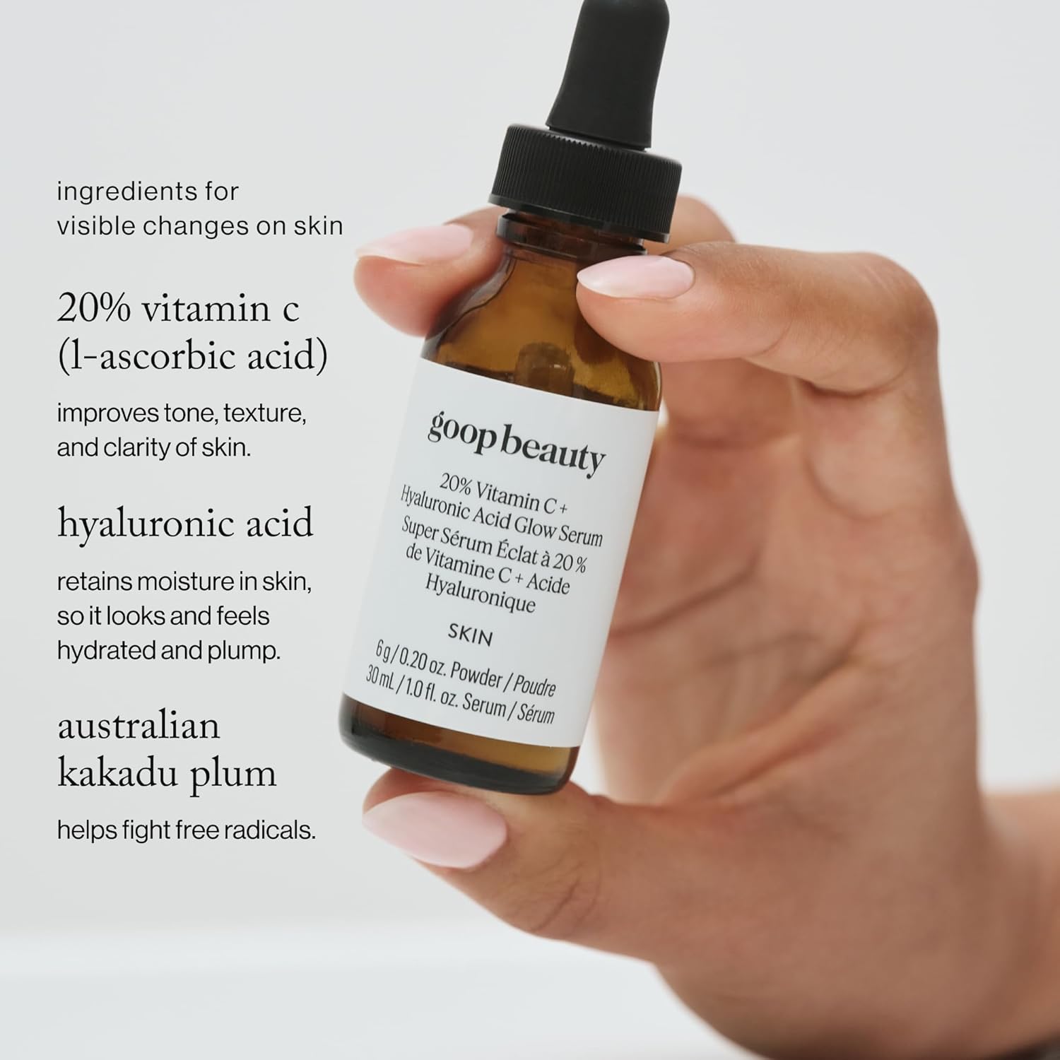 goop Beauty 20% Vitamin C + Hyaluronic Acid Serum | Improves Tone, Texture, & Hydration | L-ascorbic Acid and Hyaluronic Acid | Paraben and Silicone Free | 1 fl oz - Image 3