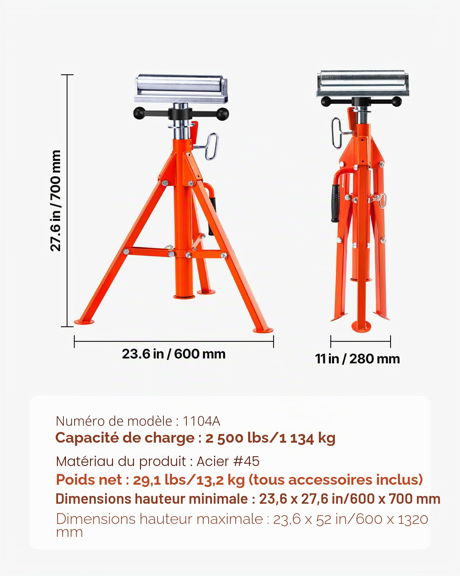 VEVOR Servante à Rouleaux Capacité de Charge 1134 kg Support à Rouleau Pliable Hauteur Réglable 700-1320 mm en Acier avec Base Stable pour Accueillir Tuyaux Jusqu'à 305 mm de Diamètre, Planches