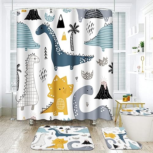 ArtSocket Juego de baño de dinosaurio con cortina de ducha y accesorios de alfombras, bonito juego de cortina de ducha para niños, cortina de ducha
