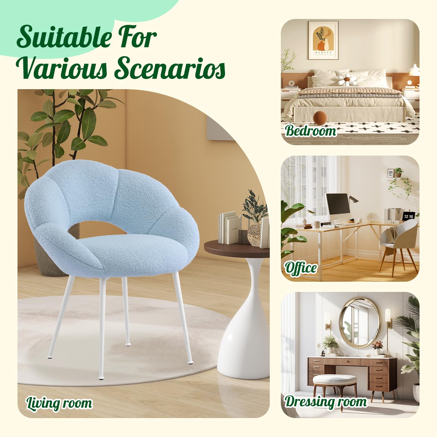 Sedia da toeletta in tessuto Teddy, poltrona relax a forma di fiore, gambe bianche, poltrona con imbottitura di lusso per soggiorno, camera da letto, balcone, studio (azzurro)