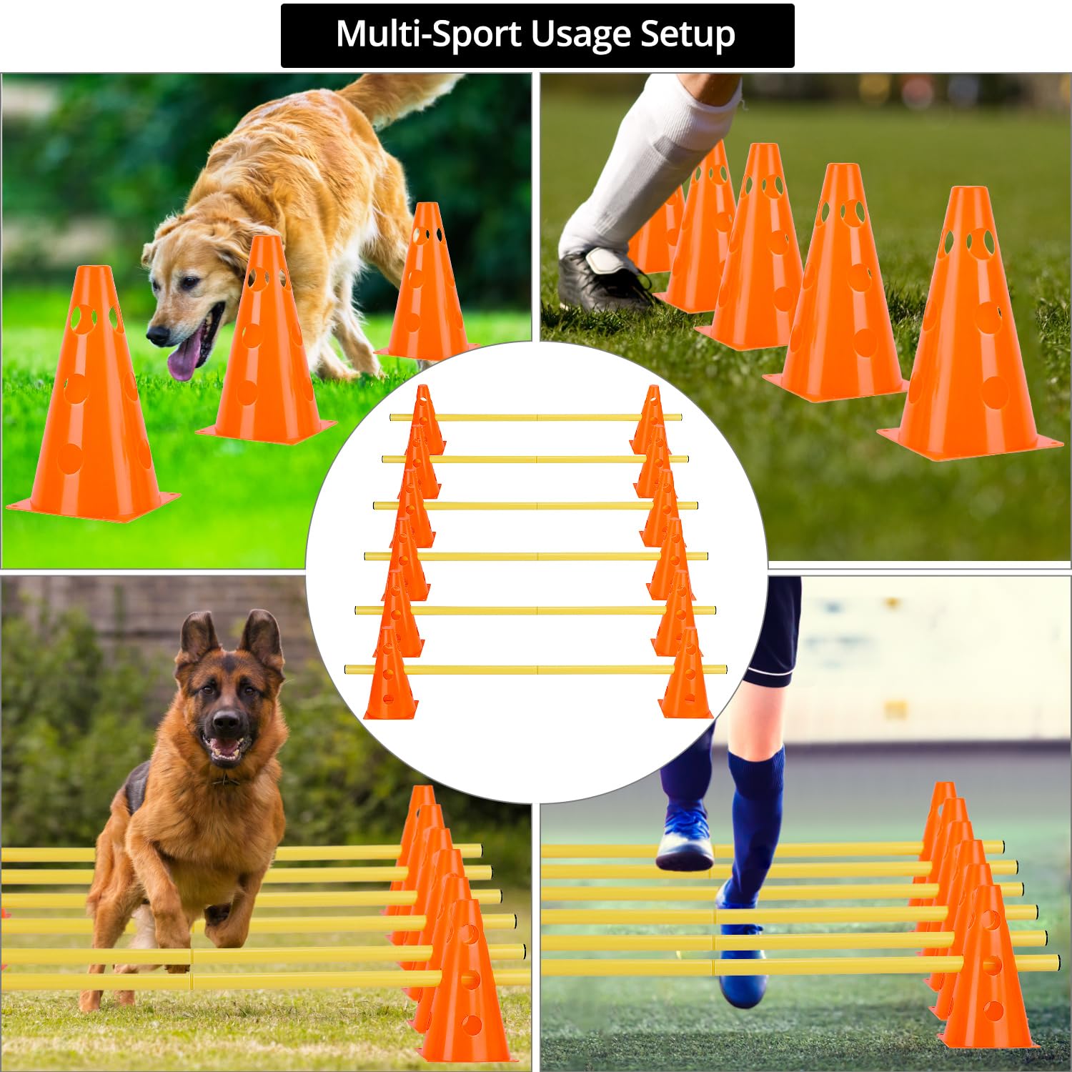QWORK® Sports Haies Set 12 cônes + 6 Barres agilité, 23 cm de Hauteur, 100 cm de Longueur, Ensemble de Haies pour l'entraînement de Coordination