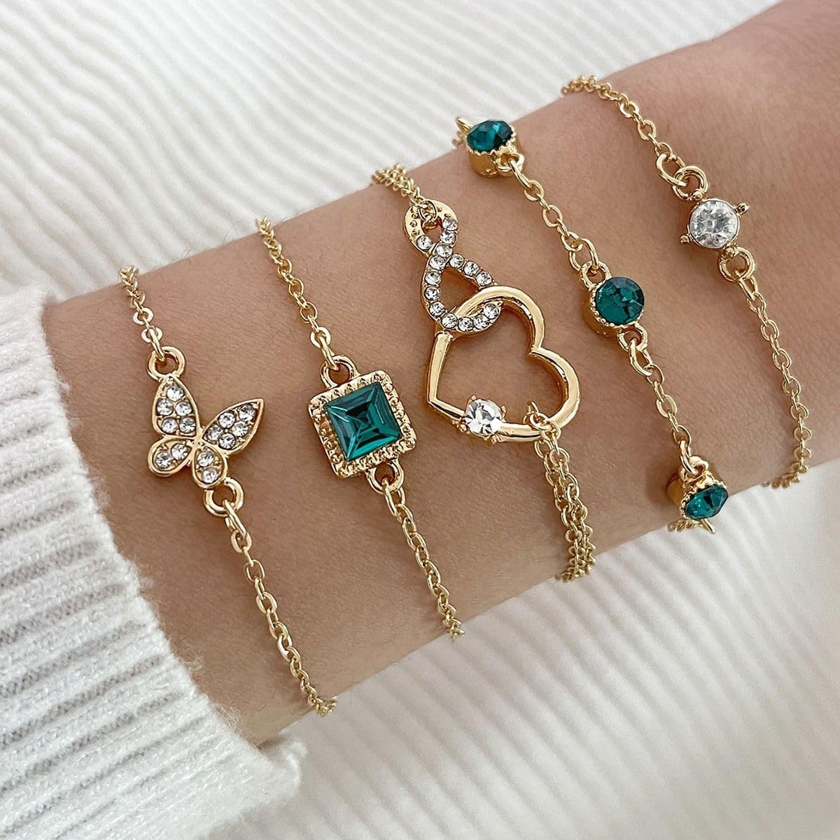 5Pcs Gold Chain Statement Bracelet for Women Green Crystal Tiny Rhinestone Bracelet Vintage Infinity Butterfly Heart Bracelet Dainty Jewelry Gift - Image 2