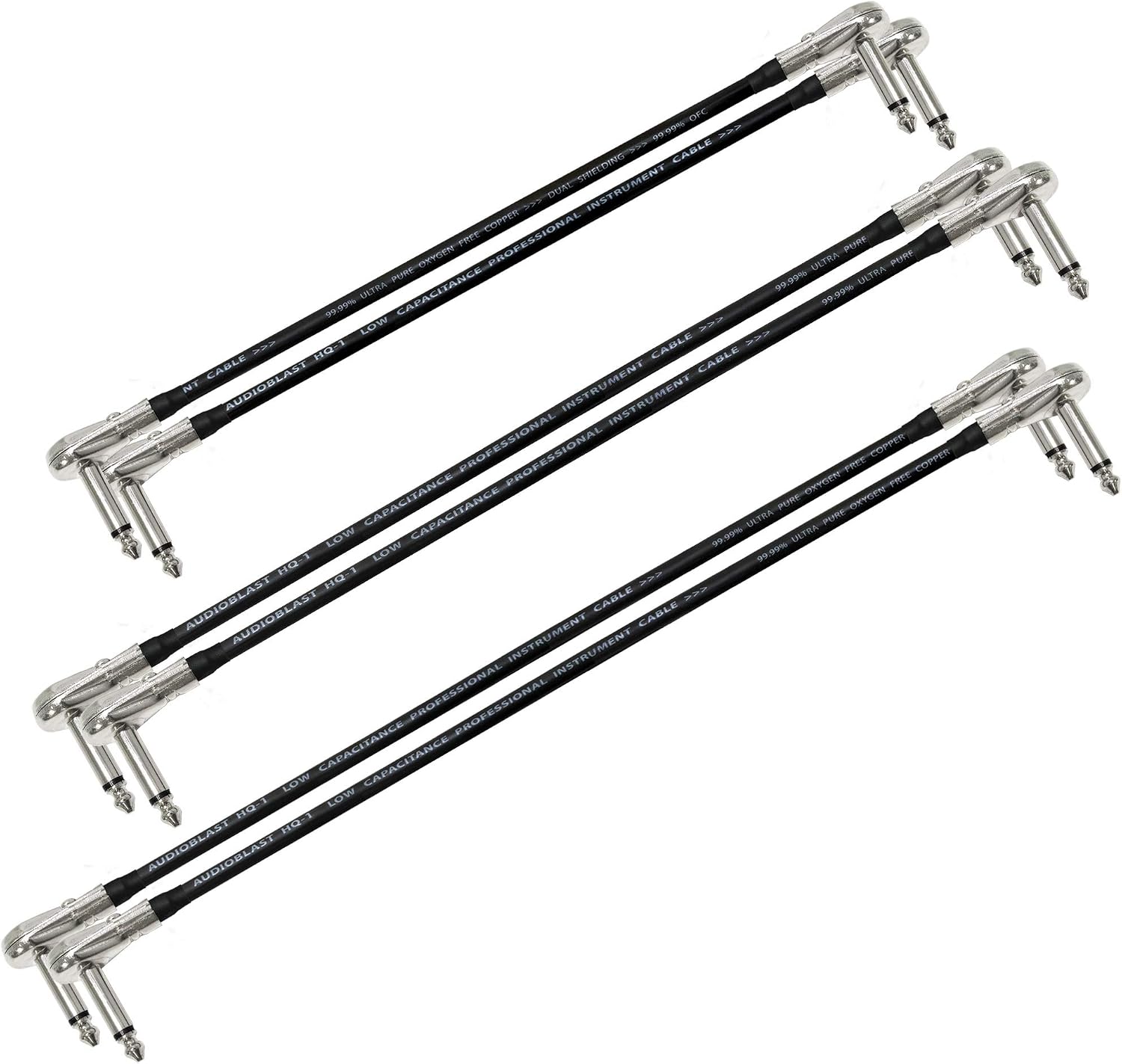 12 Inch x2 + 15 Inch x2 + 18 Inch x2 - Audioblast HQ-1 - Ultra Flexible -Dual Shielded (100%)- Instrument Effects Pedal Patch Cable w/Low-Profile, R/A Pancake TS (6.35mm) Plugs & Dual Staggered Boots