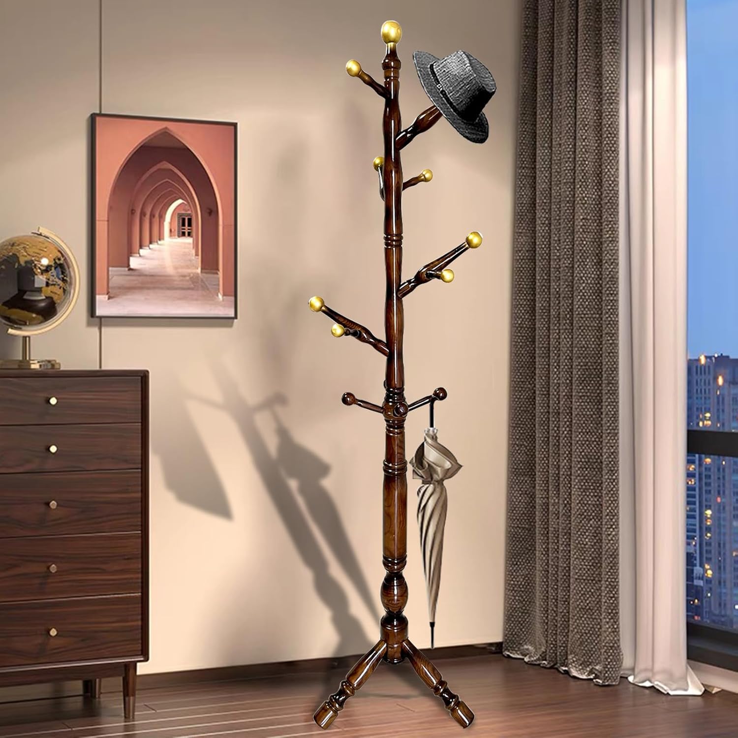 Wooden Coat Rack Freestanding 14 Hooks, Vintage Coat Hanger Stand, Coat Tree Adjustable Height 73", coat racks free standing for Entryway Hallway (Brownish Triangle base)