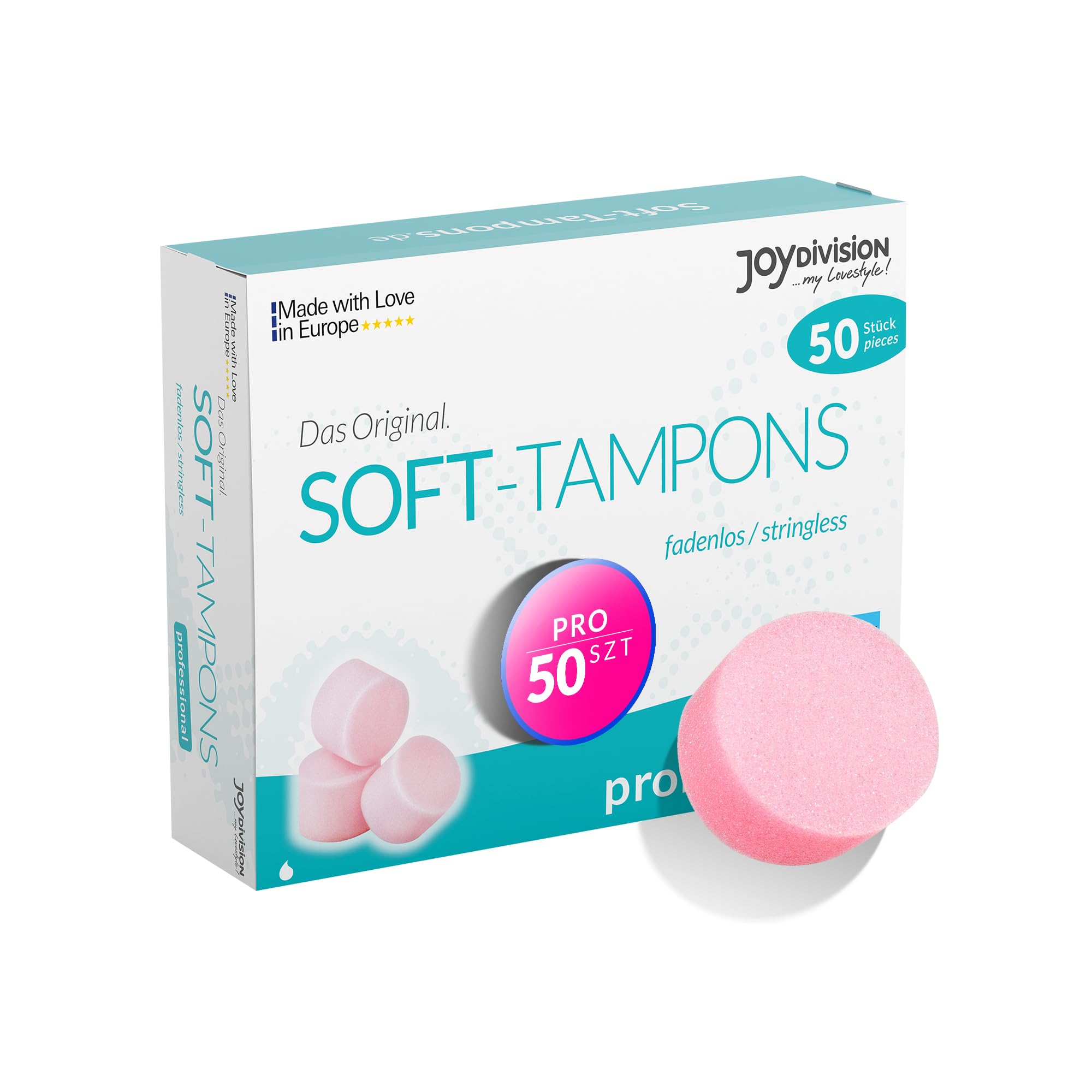 JOYDIVISION Soft-Tampons professional I 50 szt I Tampony bez sznurka do sportu, pływania i Spa I Gąbeczka menstruacyjna ultra soft I Łatwe wprowadzanie i usuwanie I Miękki tampon bez sznurka
