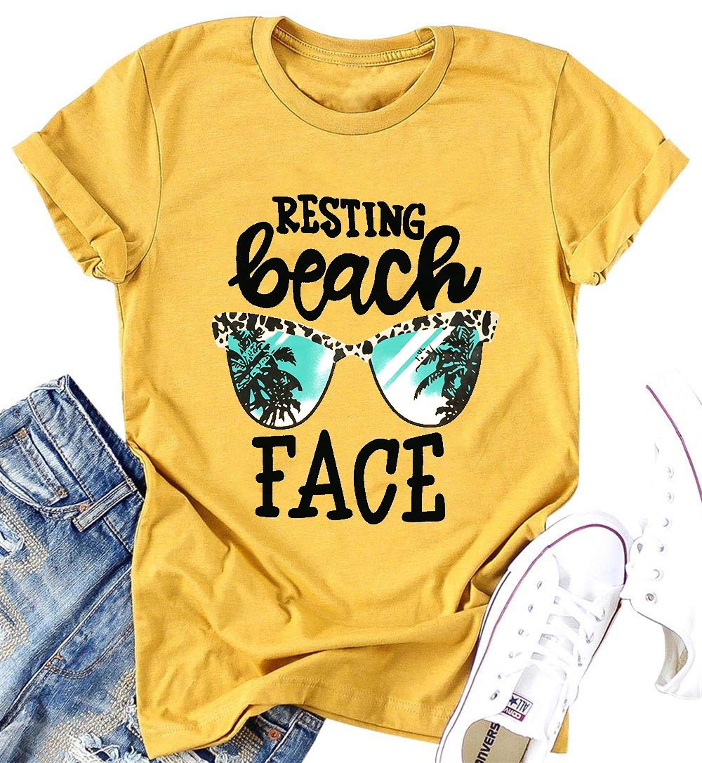 Resting Beach Face T-Shirt Women Funny Leopard Sunglasses Graphic Tees Top Short Sleeve Vacation Tops Shirt