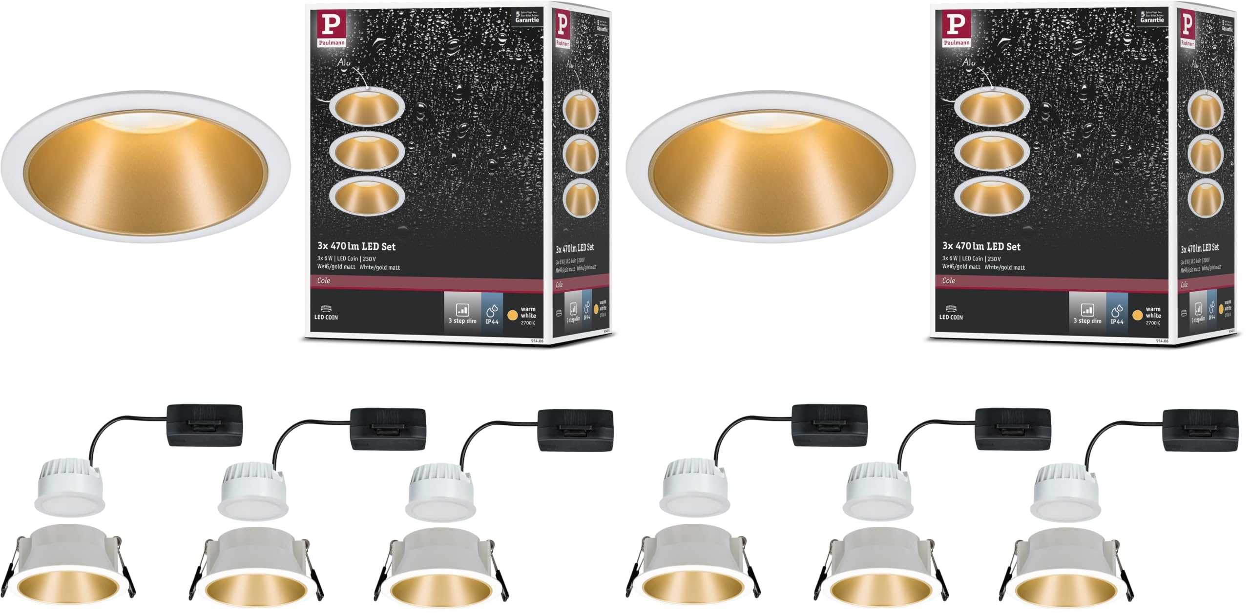 Paulmann 93406 LED Einbauleuchte Cole rund incl 3x6,5W dimmbar Einbaustrahler Weiß, Gold matt Einbaulampe Kunststoff, Alu Zink Deckenspot 2700K (Packung mit 2)