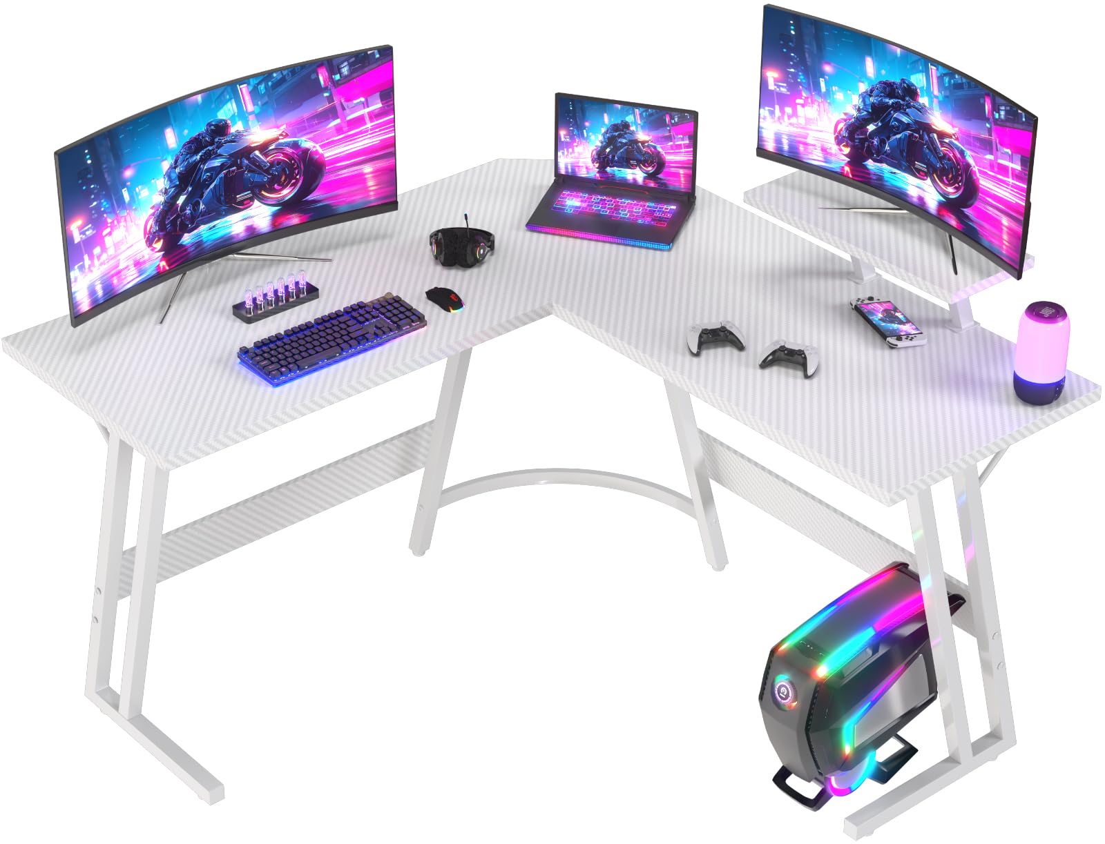 JUMMICO Scrivania Angolare, Scrivania Gaming 120x120cm - Tavolo da Gioco a L con Supporto Reversibile per lo Schermo - Versatile (gioco/lavoro/studio) - Rivestita in Carbonio - Bianco