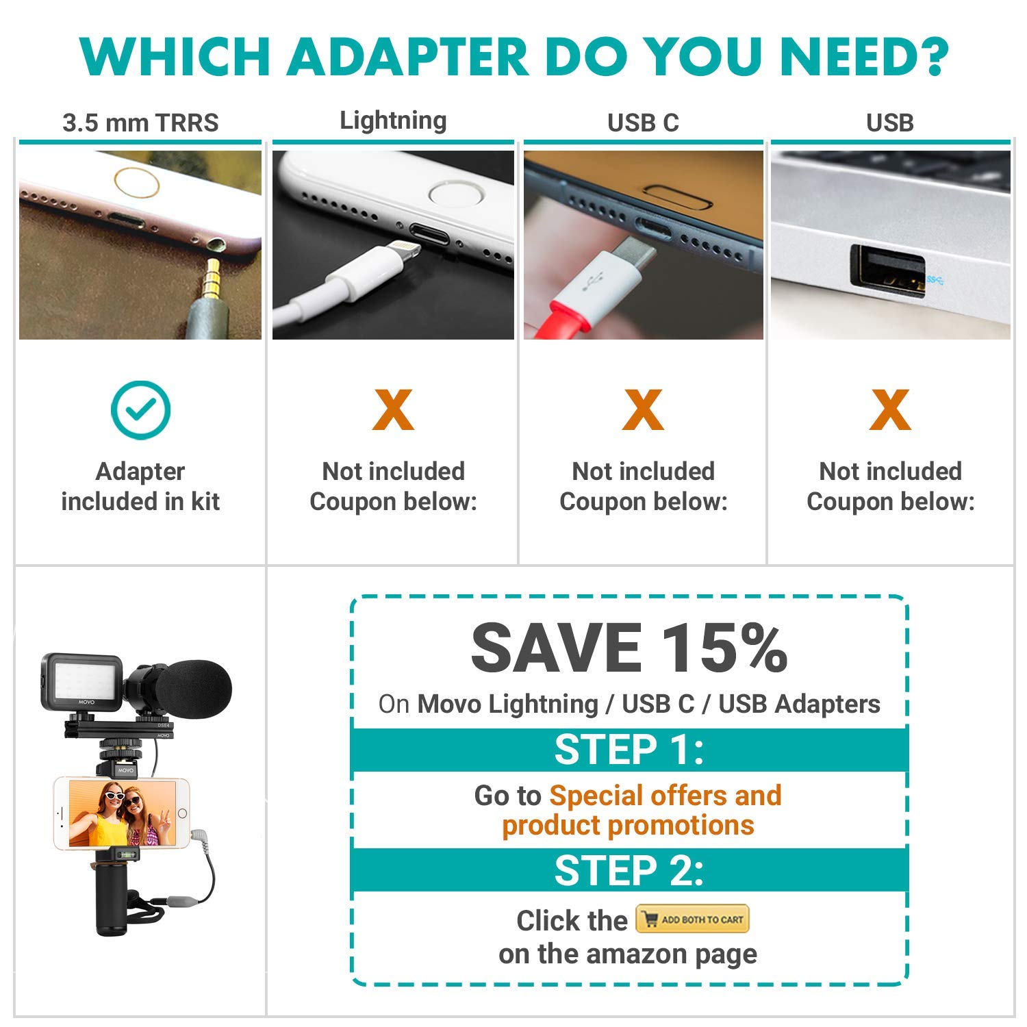 Movo Smartphone Vlogging Kit V7 with Grip Rig, Stereo Microphone, LED