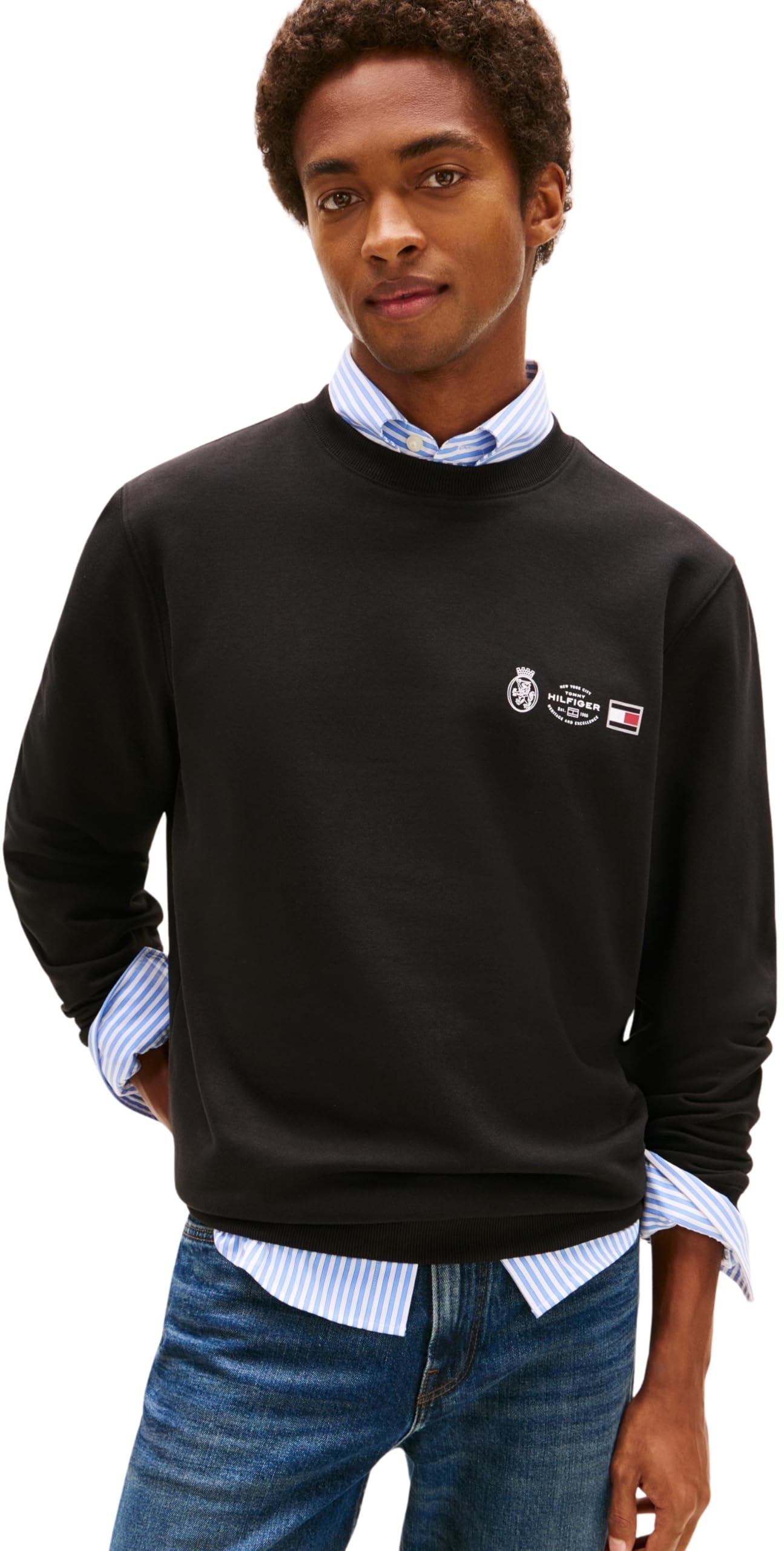 Tommy Hilfiger Men’s Round Neck Small Crest Outline Sweatshirt, Black (Black), M