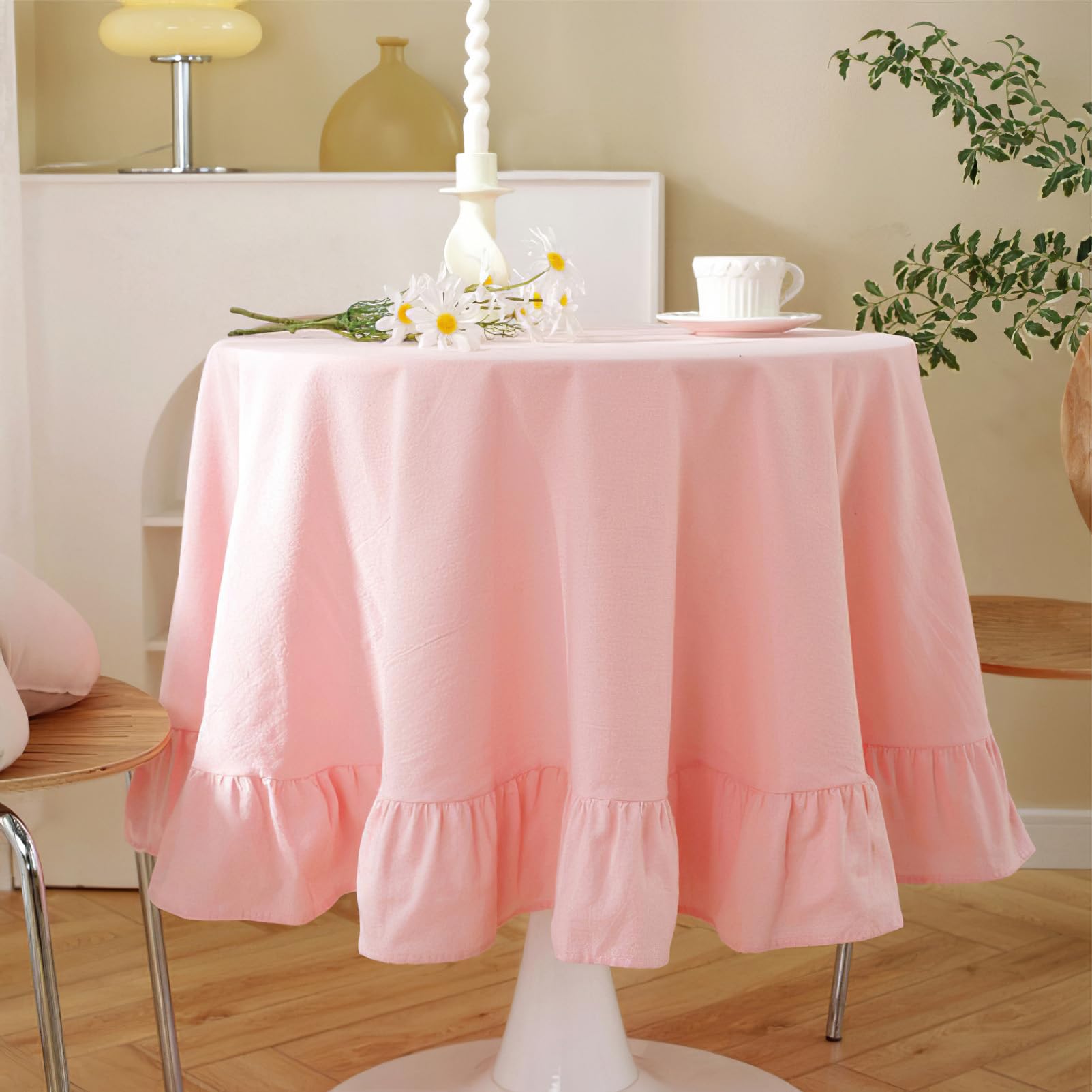 Nappe carrée à volants rose de style rustique pour table de cuisine chic pour fête, mariage, 140 x 140 cm