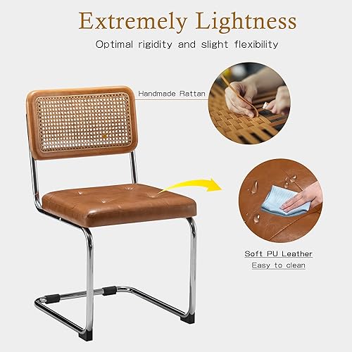 Miniatura 4 de Alunaune Juego de 2 sillas de comedor modernas de mediados de siglo, sillas de cocina tapizadas de ratán natural, sillas laterales sin brazos con