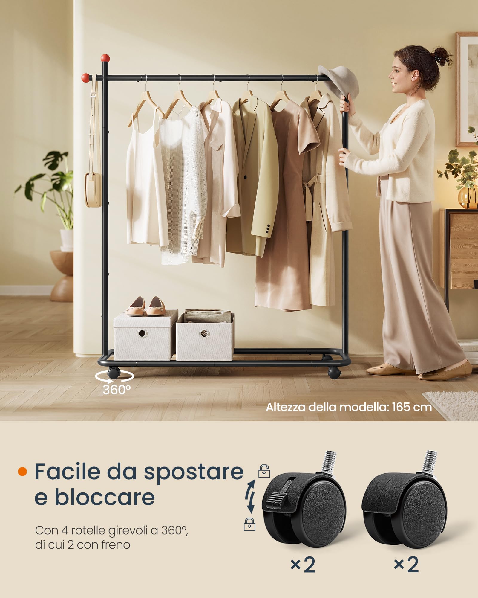 SONGMICS HOME Stand Appendiabiti, Attaccapanni in Metallo con Ruote, 1 Barra Appendiabiti, Ganci a Forma di Fiammifero, Nero Inchiostro HSR170B01