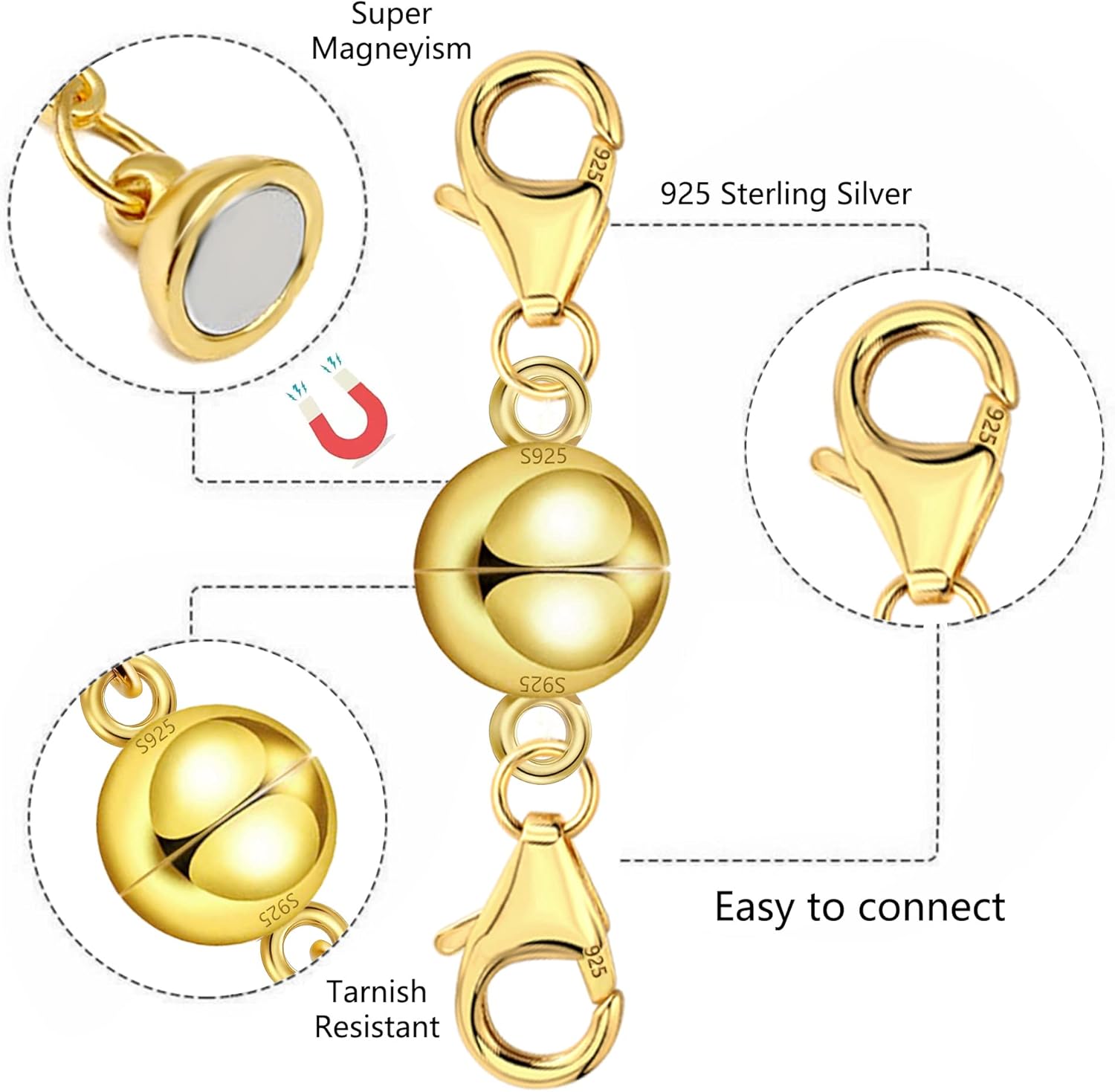 14K Gold Magnetic Necklace Clasps and Closures 925 Sterling Silver Double Lobster Clasp Magnetic Jewelry Clasps for Necklaces - Image 3