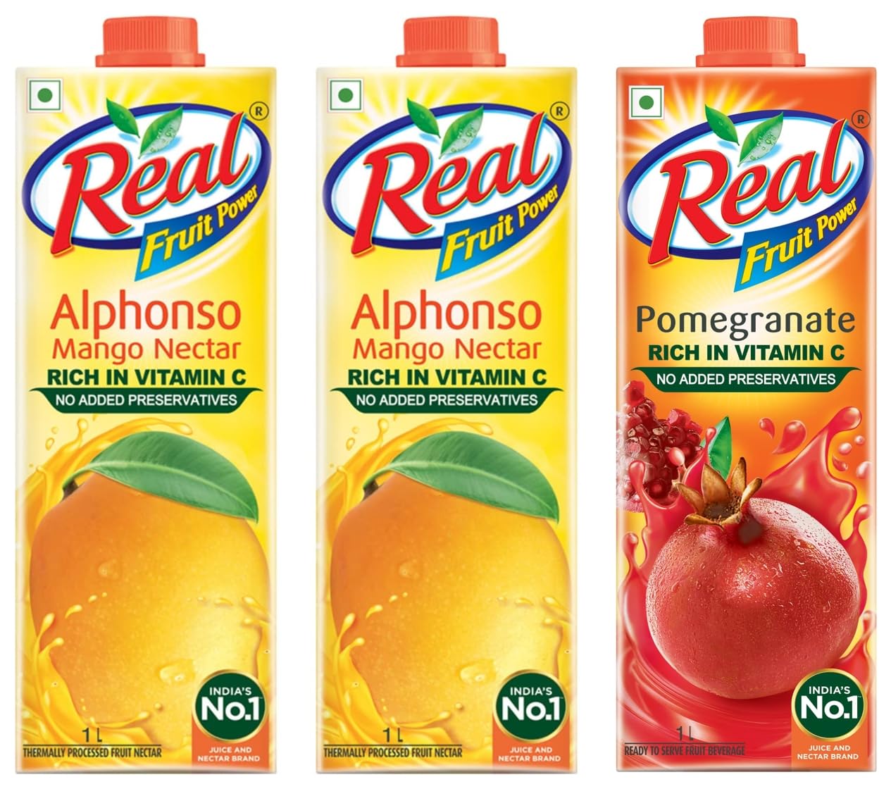 Real Fruit Juice, Alphonso Mango, 1L (Pack of 2) & Real Fruit Power Pomegranate Juice 1L