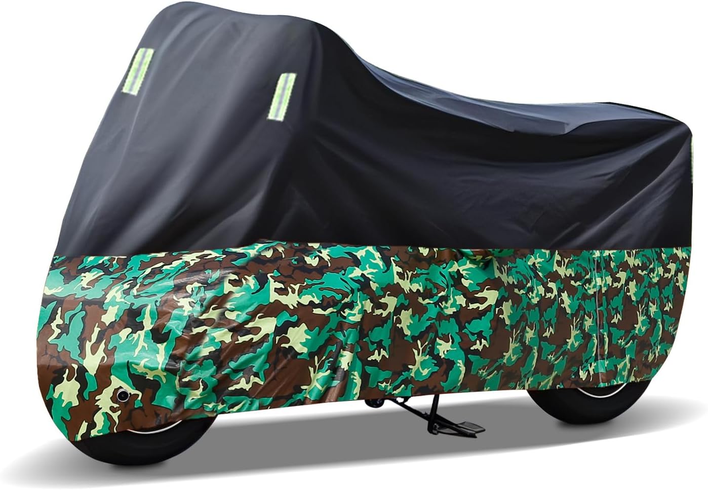 Outdoor Waterproof Motorcycle Cover, All Weather 210D Heavy Duty Sport Motorbike Bike Cover with Storage Bag, Black & Camouflage, XL