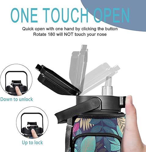 Miniatura 4 de Tropical Leaves - Botella de agua de medio galón con funda, botella de agua de 12 galón, botella de agua de 64 onzas con marcador de tiempo, botella