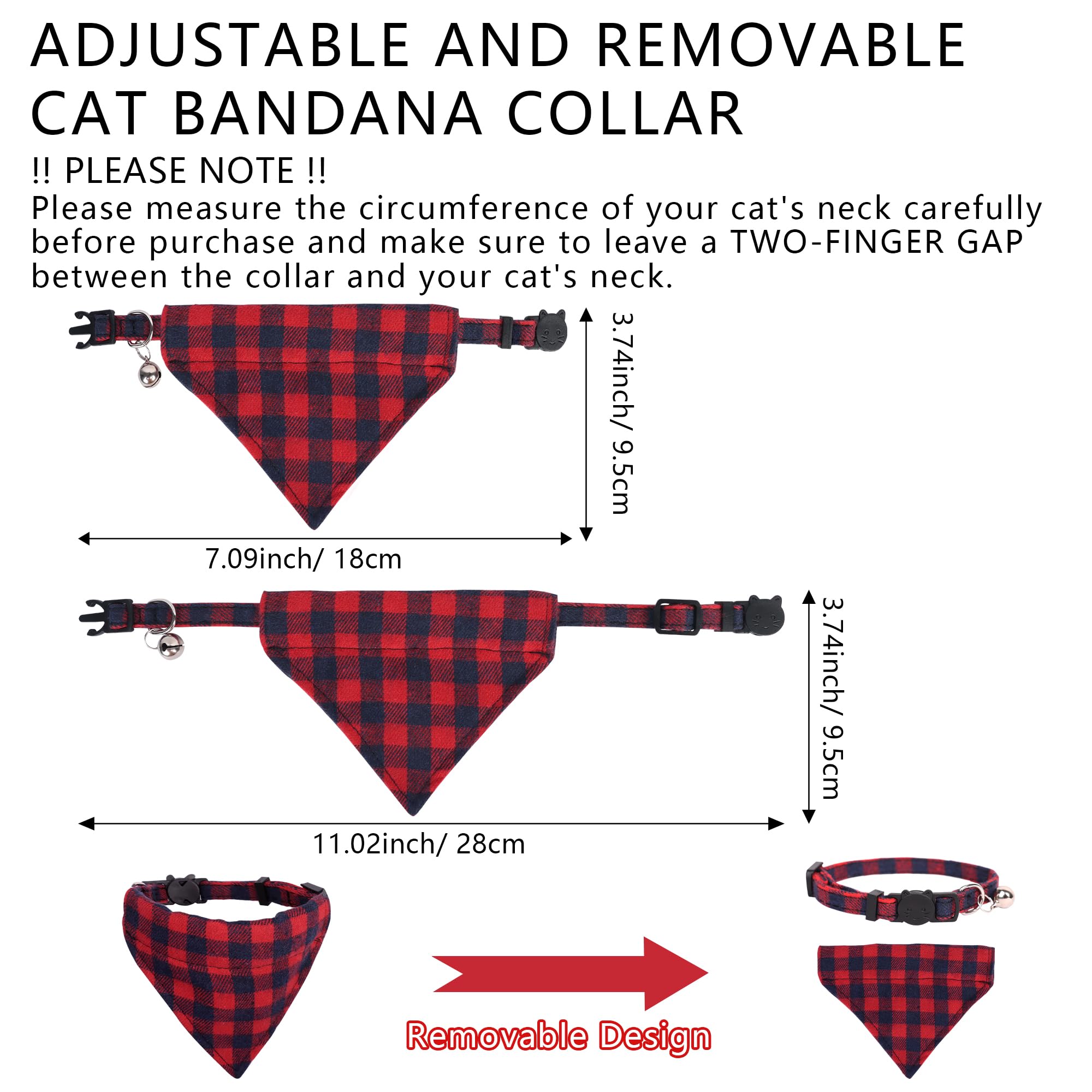 NiCoLa Cat Bandana Collar Red Checkered Cat Bandana, Quick Release Cat Bandana Collars with Bell for Kitten Cats, Christmas - Image 3