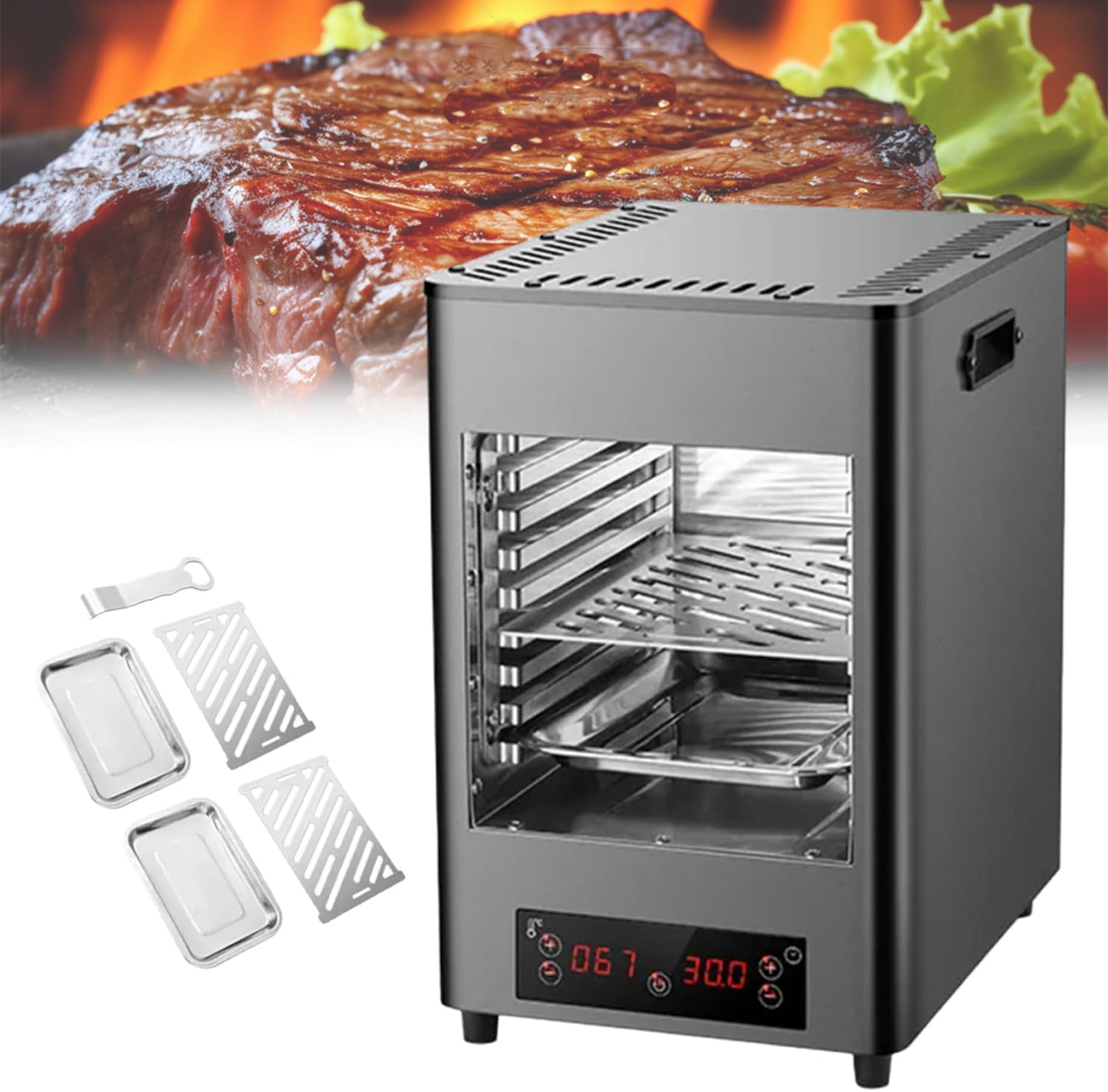 Commercial Steak Broiler 1700w, Time and Temperature Adjustable, Maxi Temperature 800℃, with Touch Button, Suitable for Cooking Steak, Lamb Chops, Chicken, Pizza