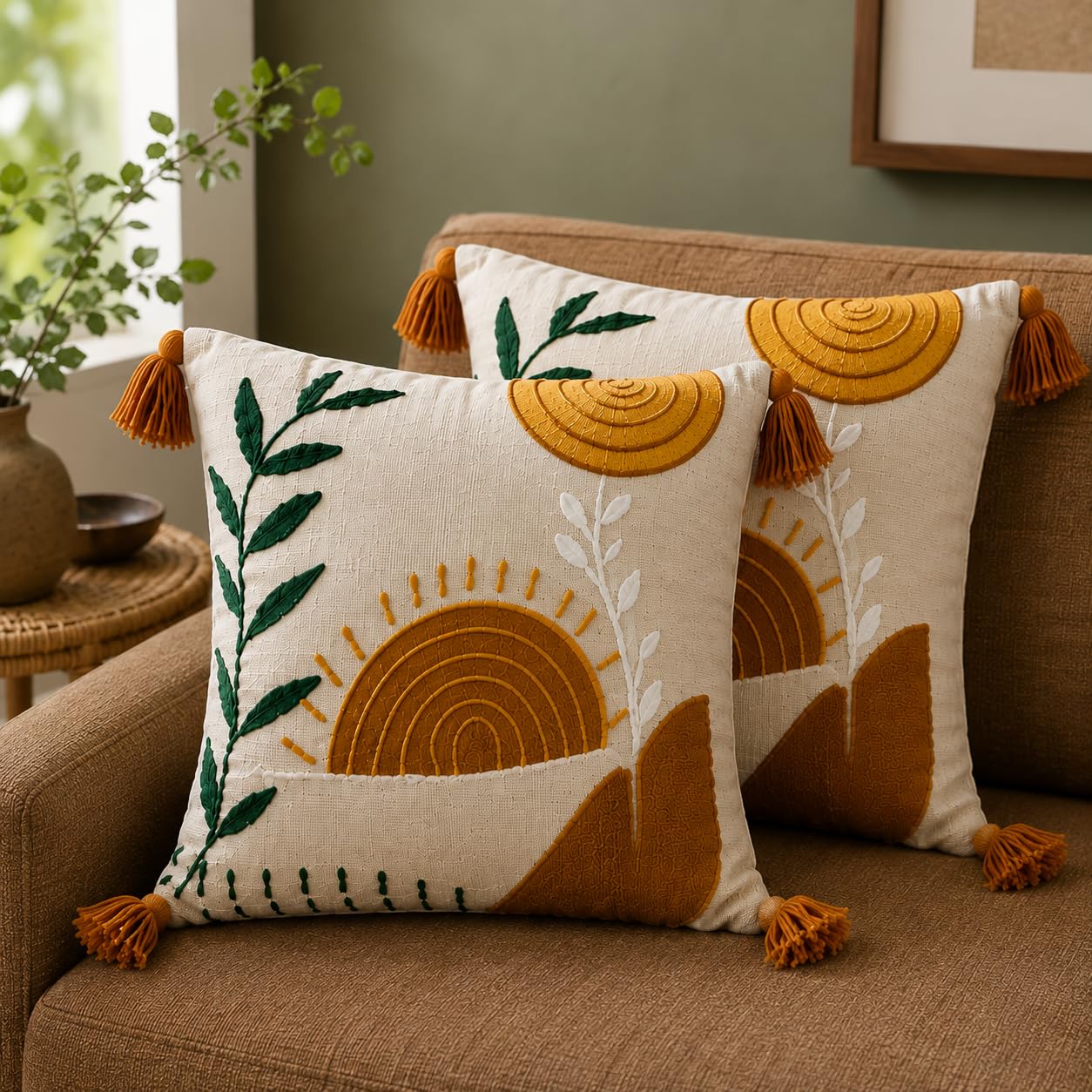 16x16 Inch Cotton Cushion Covers Pack of 5 | Sunflower Bloom Yellow Floral Embroidered Acrylic Thread Decorative Pillow Covers (Boho Sunrise, Pack of 2)-image-34