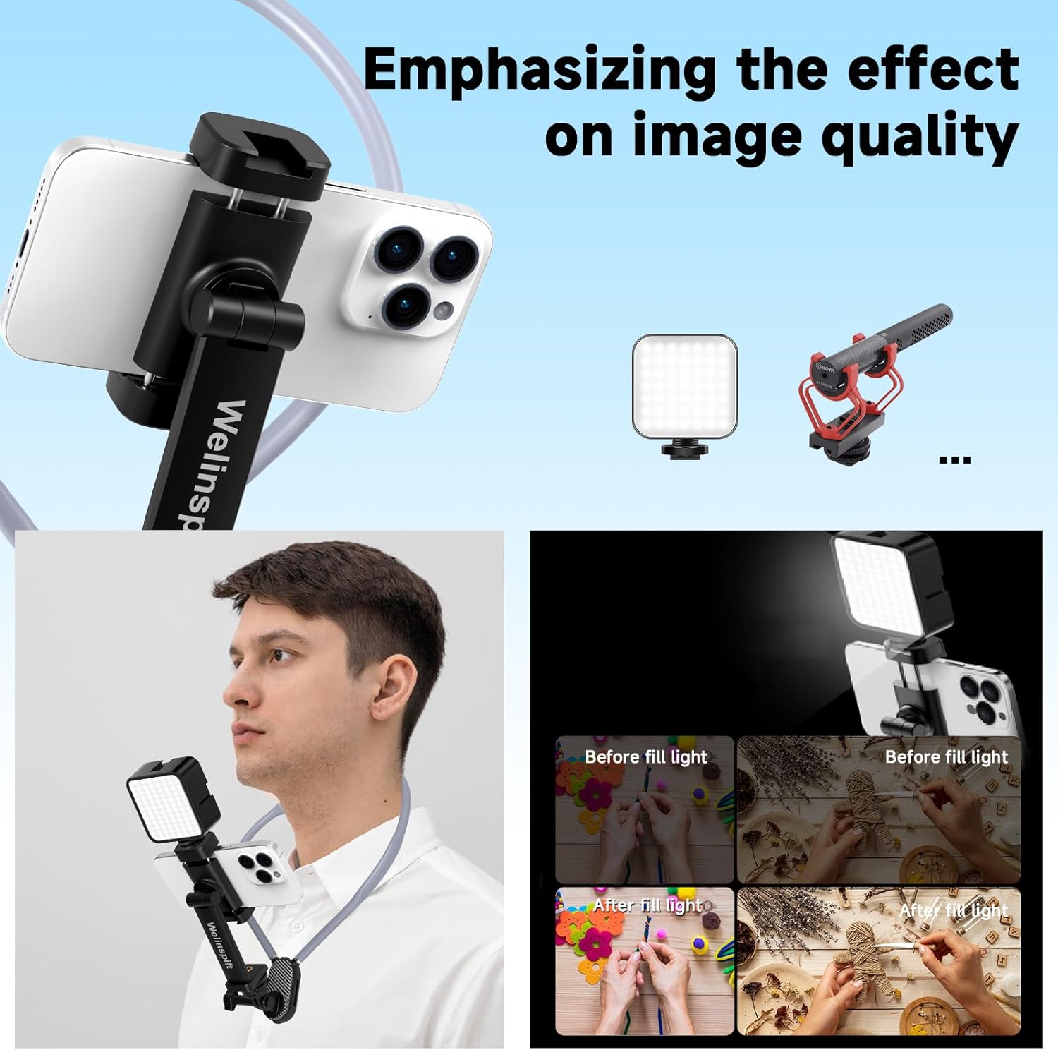 Premium Neck Phone Holder with Fill Light & Remote- POV/Vlog Chest Phone Tripod Mount w/ Anti-Shake Strap for Hands-Free Recording – Compatible with iPhone 16 15 14 13 12 Series, Andriod Cell Phones