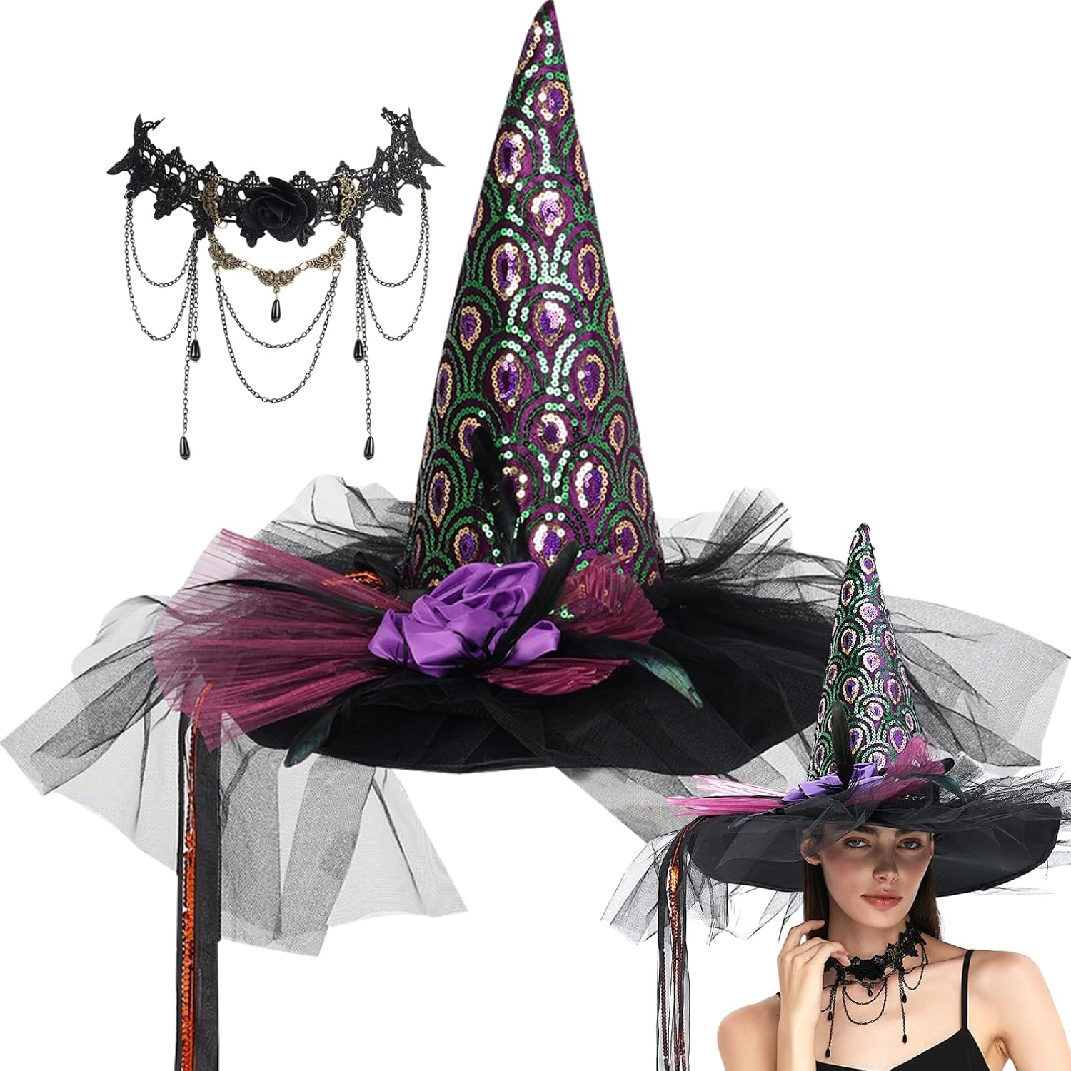 Deluxe Witch Hat for Women with Gothic Necklace, Elegant Sequin Costume Accessory for Halloween & Cosplay