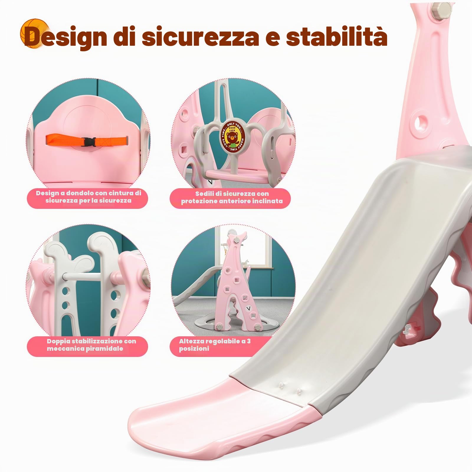 Scivolo per Bambini 4 in 1 Scivolo da Giardino con Altalena Regolabile e Cestino da Basket, Parco Giochi Esterno ed Interno per Bambini 18 Mesi + (Squalo+Rosa)