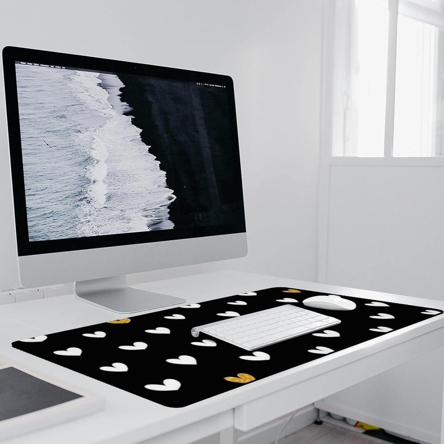 Large Mouse Pads, Black White Gold Heart Pattern Gaming Mat Extended Mousepad for Desk Keyboard 16" X 36"