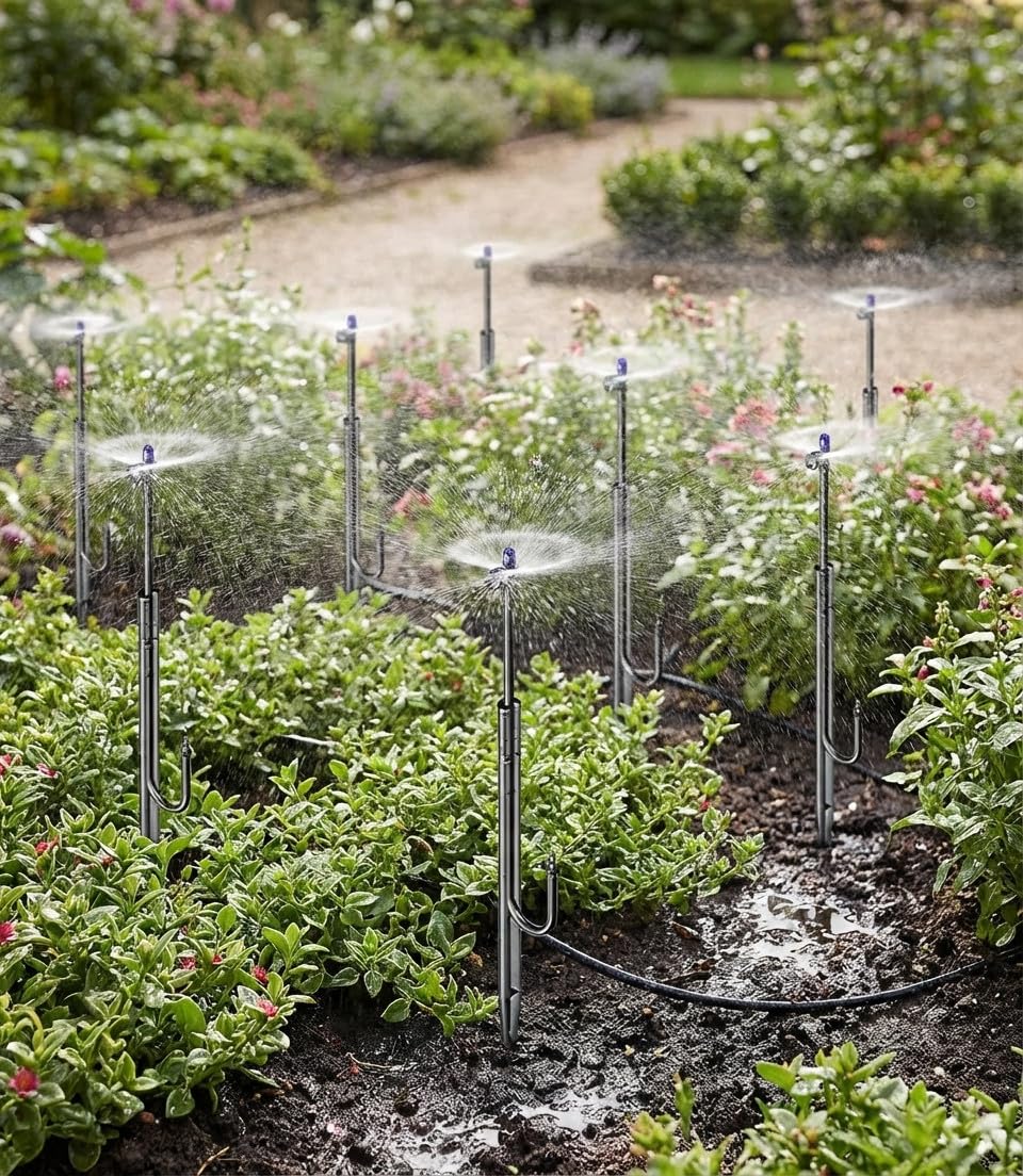 Suinga Microaspersor de Riego 180º Ajustable con Estaca y Microtubo 31 cm | Pack 10 Aspersores de Riego para Jardin | Aspersor de Riego para Plantas y Arriates