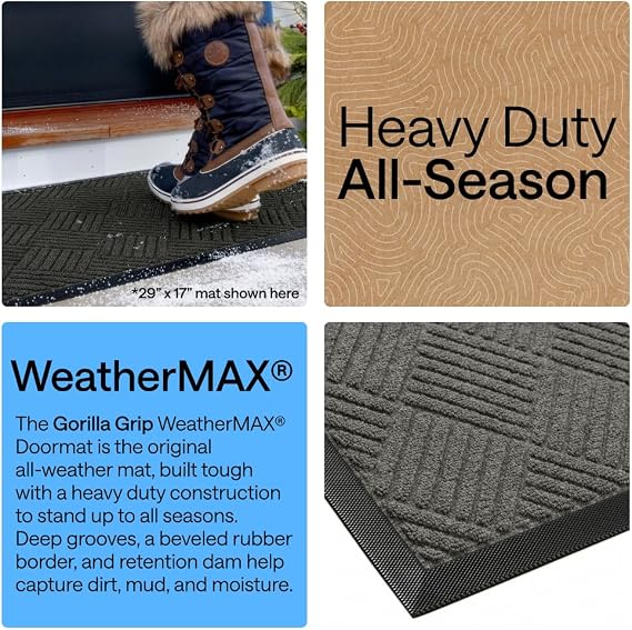 GORILLA GRIP 100% Waterproof All-Season WeatherMAX Doormat US Designed Natural Rubber, Stain Fade Resistant, Low Profile Indoor Outdoor Door Mats, Easy Clean, 29x17 Gray Diamond