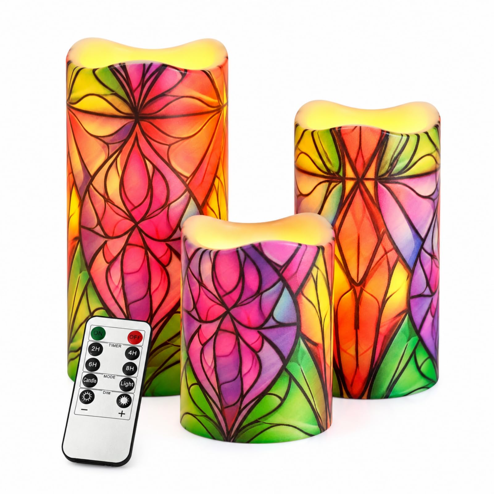 Flameless Candles with Remote Timer, 3 Pack Stained Glass Pattern LED Pillar Candles, 3" x 4/5/6", Warm White Flickering, Battery Operated for Christmas Wedding Home Decor