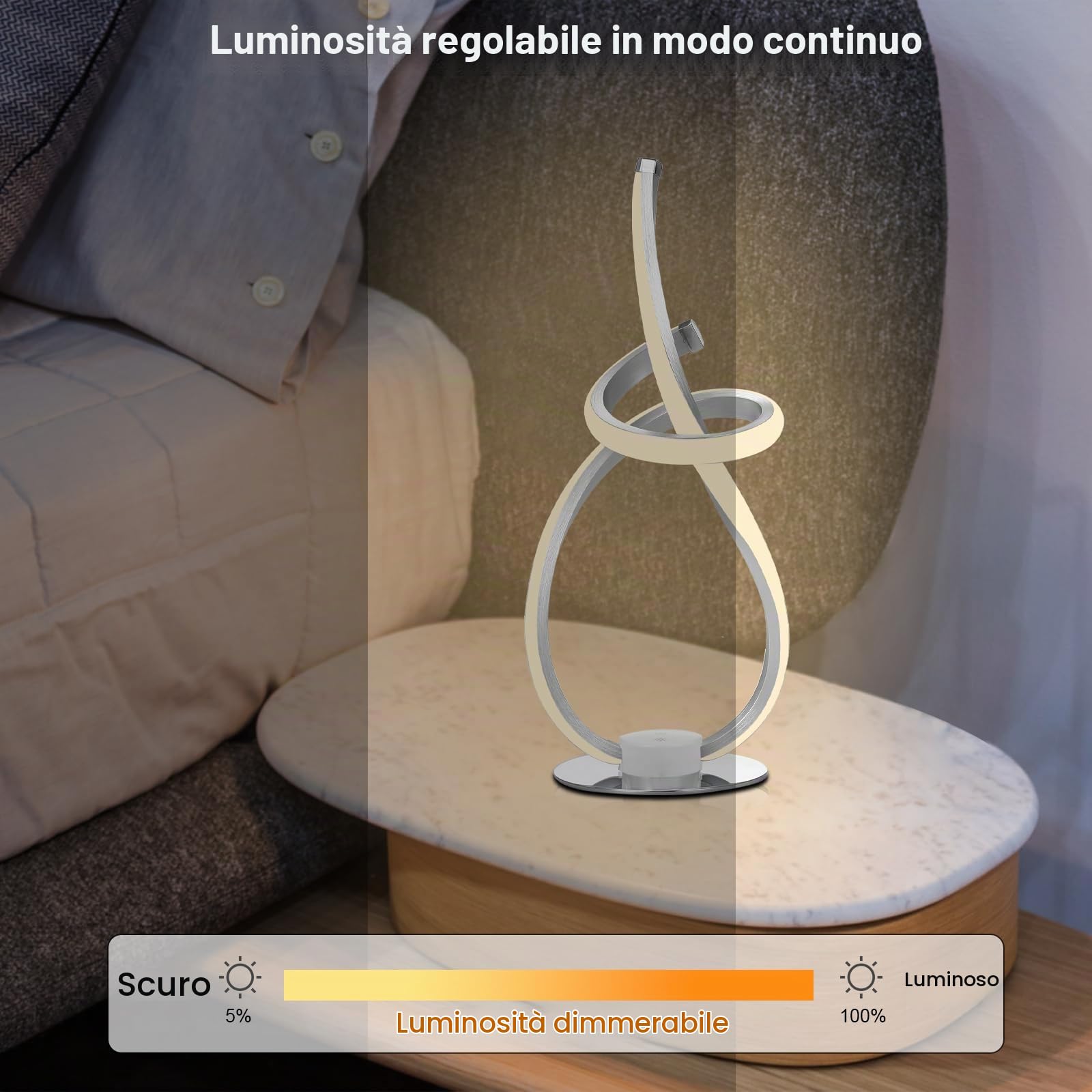 Neoglint Abat Jour da Comodino Moderne Dimmerabile, Spirale Lampade Comodino Camera da Letto 12W, Touch Control, Decorativo Curvo Lampade da Tavolo LED per Camera da Letto Soggiorno