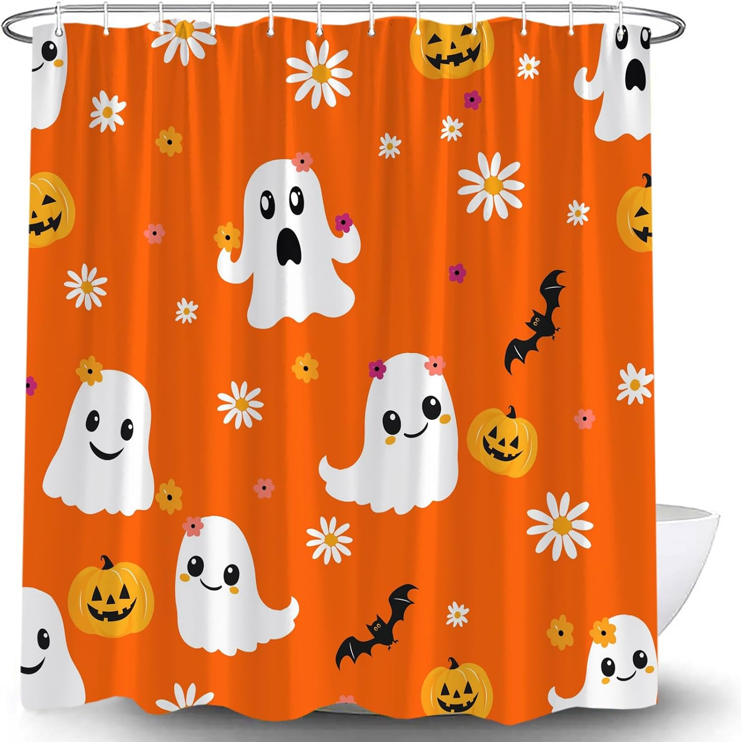 Halloween Floral Ghost Shower Curtain Cute Funny Cartoon Ghost Bat Pumpkin Spooky Boho Floral Vintage Halloween Holiday Pink Fabric Bath Curtain with Hook
