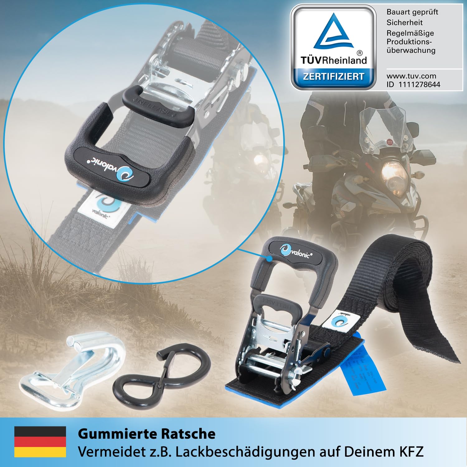 valonic PANTHER - 2x Motorrad Spanngurte mit Haken, 2,25m, blaue Fahne, 38mm, mit Polster, 650/1300 Kg, TÜV Rheinl. / GS zertifiziert, EN 12195-2 - sehr kurzer Spannweg, Motorradhalterung für Anhänger