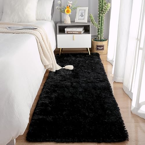 Chicrug Soft 2x10 Runner Rug for Bedroom Living Room Plush Fluffy Rug, Shag Furry Hallway Runner Carpet Rug Non Shedding for Nursery Children Kids Girls Room Home Decorative, Black