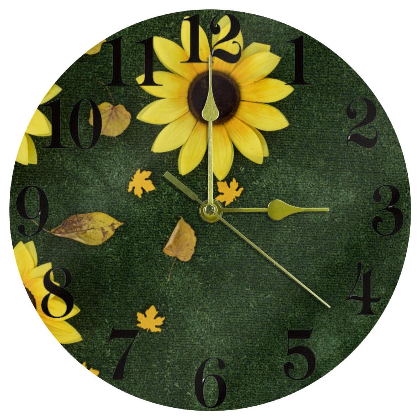 Horloge murale ronde à quartz silencieuse de 25,4 cm avec motif tournesol sur fond vert pour cuisine