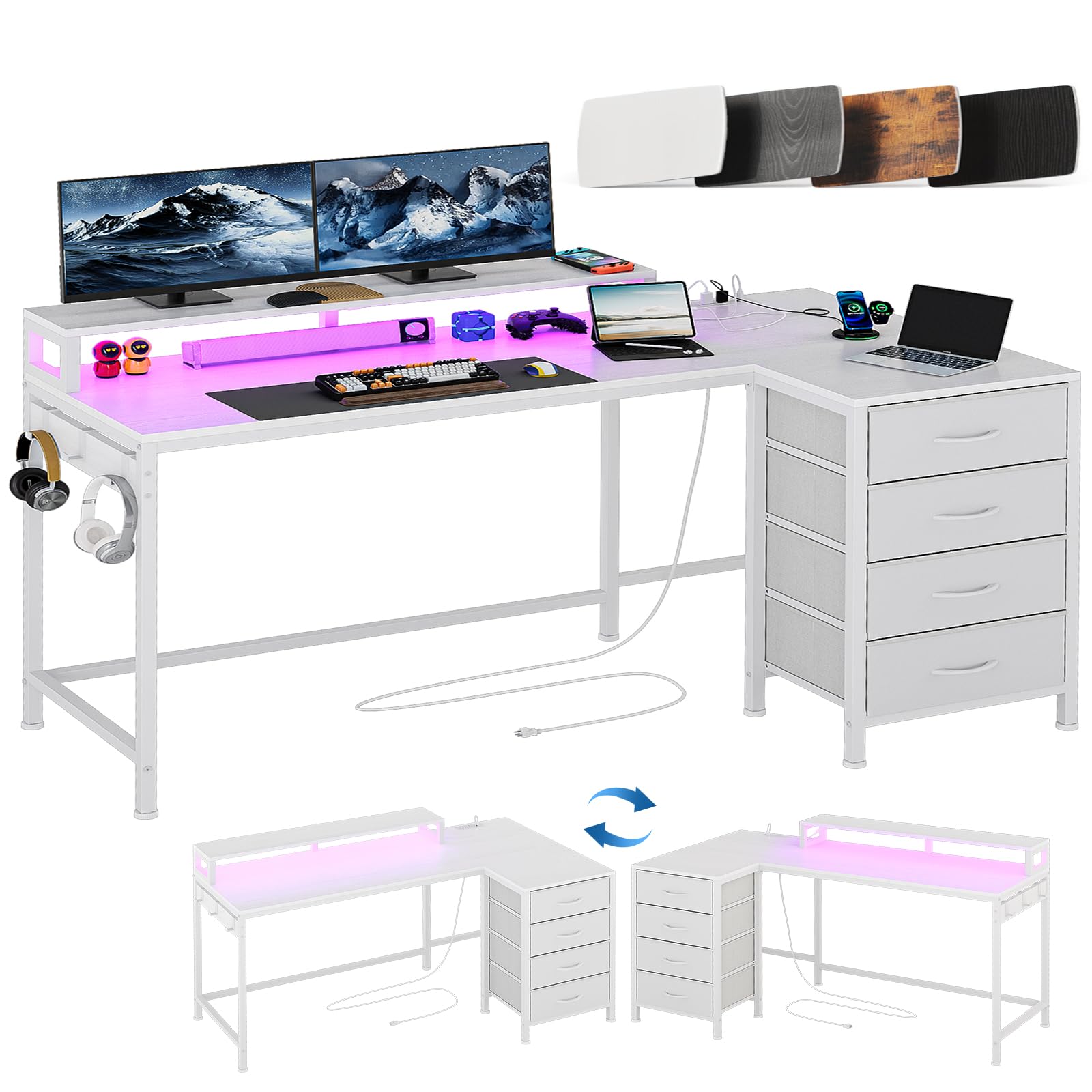 Simple Wisdom Escritorio, Tipo L Escritorio Gamer, Escritorio Minimalista, Escritorio Esquinero, Escritorio para Viene con Cajón de Tela, Regleta, Regleta de luz y Soporte para Monitor (Blanco) - Blanco