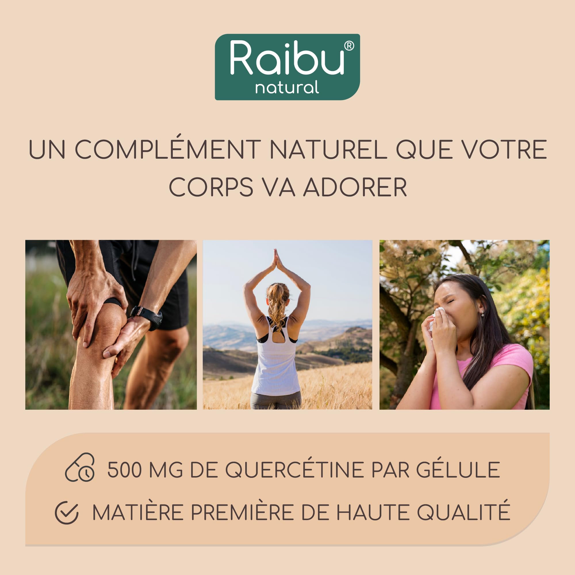 Quercétine, 180 Gélules pour 6 Mois - 500 mg par Gélule, Quercétine issue des Fleurs de Sophora Japonica - Flavonoïdes Haute Biodisponibilité - Testé en laboratoire, Sans Additifs - RAIBU