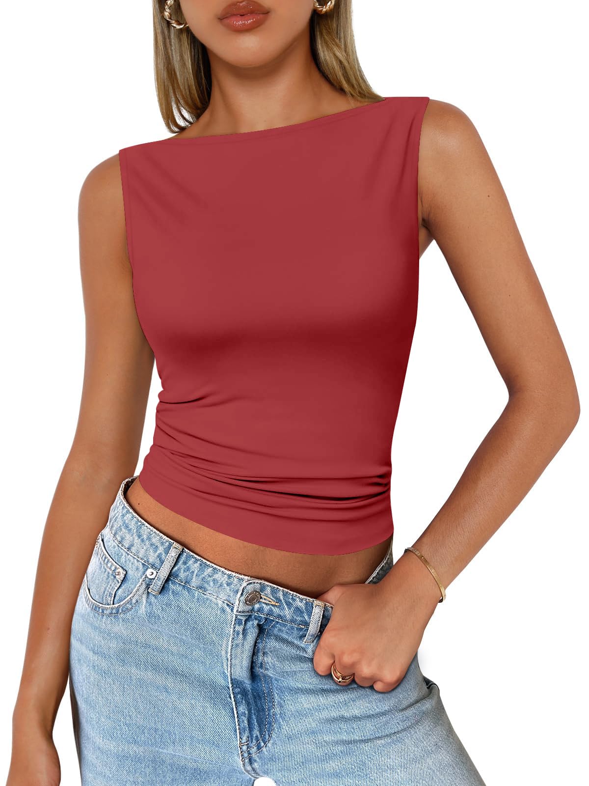 DUOEASE Tank Top Damen U-Boot-Ausschnitt Elegant Top Damen Slim Fit Einfarbig Crop Tops Basic Ärmellos Sommer Oberteile