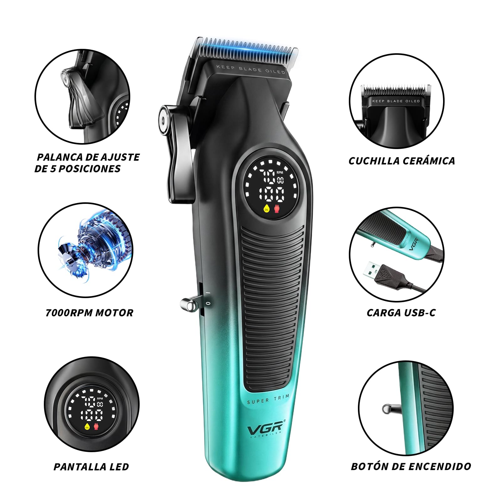VGR 196 Maquina Cortar Pelo Profesional con Cuchillas de Cerámica, Verde | Maquina Cortar Pelo Hombre Inalámbrica con Palanca de Ajuste, Cortapelos Hombre Profesional con 6 Peines Guía, Pantalla LED