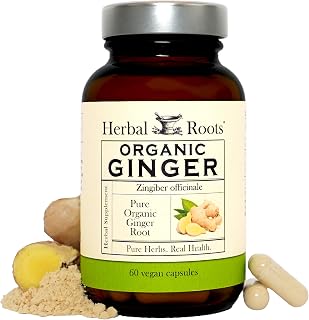 Herbal Roots Organic Ginger Root Capsules | 1200mg Pure Ginger Powder | 60 Vegan Caps for Digestion & Immunity