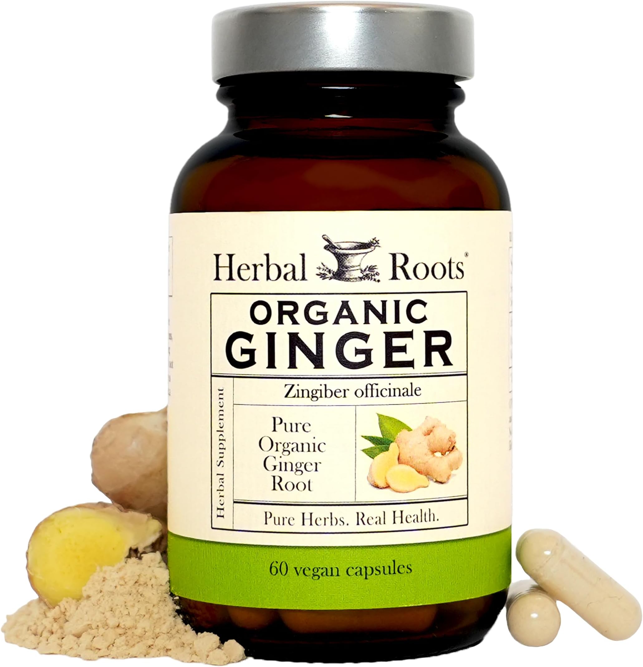 Herbal Roots Ginger Supplement | Organic Ginger Root Capsules | 1,200 mg of Pure Ginger Powder per Serving | 60 Vegan Capsules