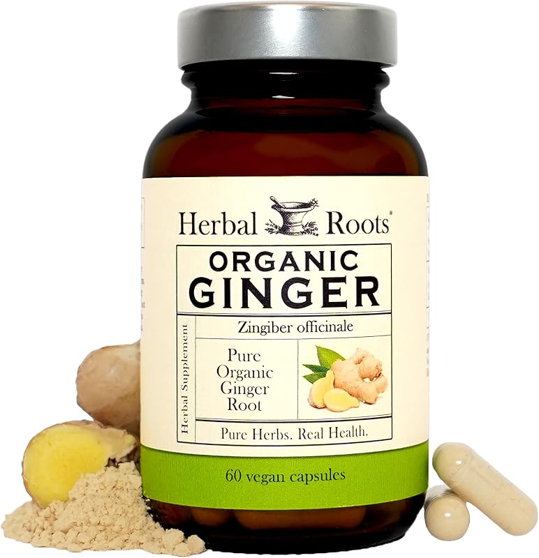 Herbal Roots Organic Ginger Capsules - Digestive Support - USDA Certified Organic - 60 Vegan Capsules