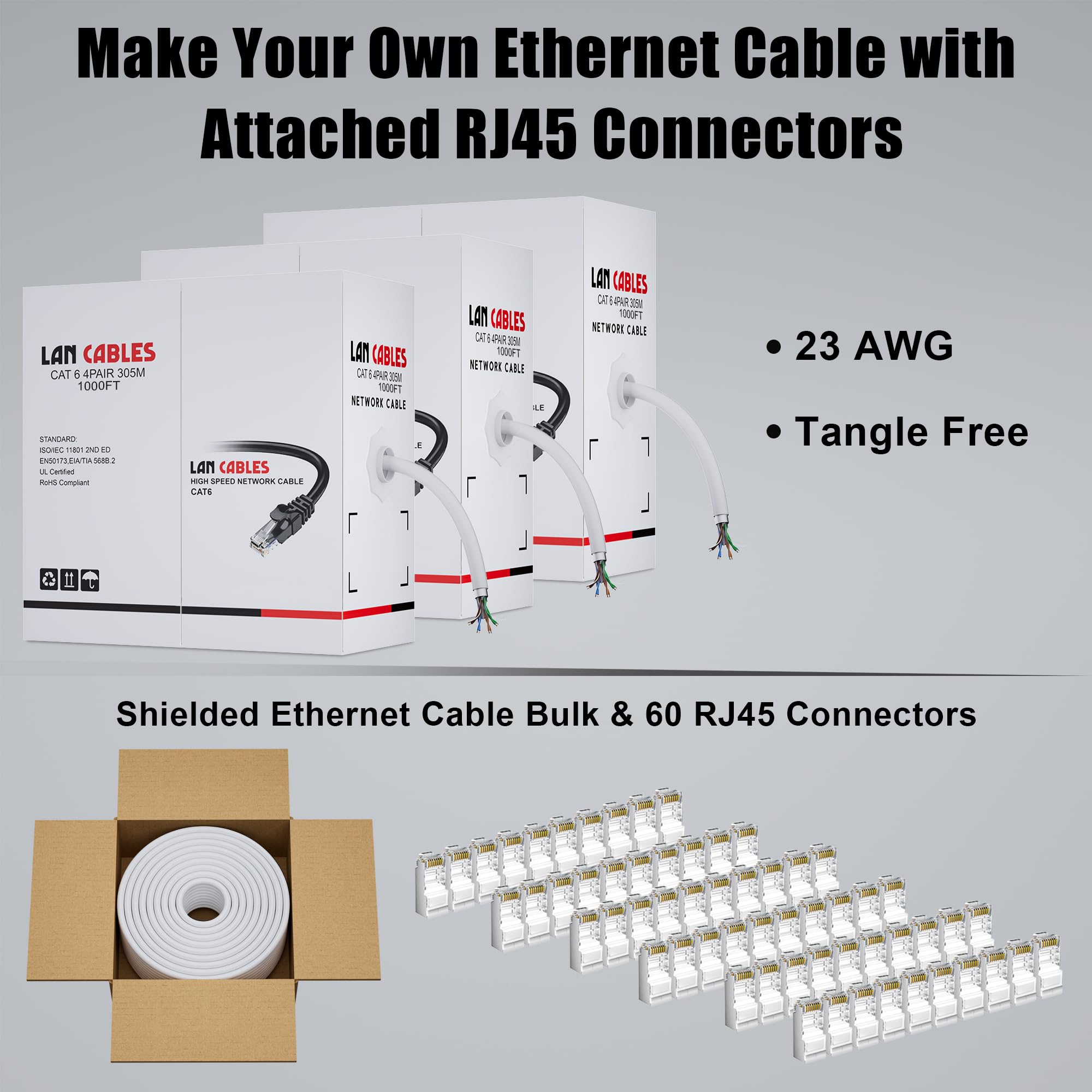 MEIPEK Cavo Ethernet Cat 6 schermato da 304,8 m (60 RJ45), FTP Cat 6 per esterni, 23AWG, resistente, sepoltura diretta, impermeabile, resistente ai raggi UV, Cat6 304,8 m per router, PC, giochi, CCA
