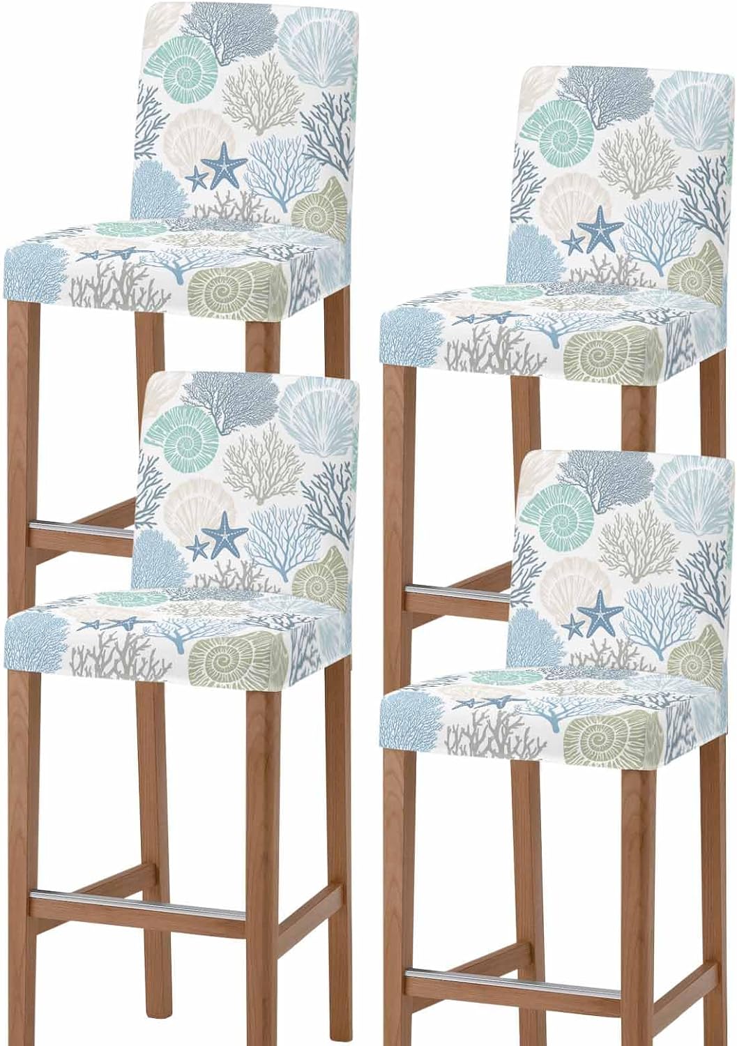 Coastal Bar Stool Covers, Summer Beach Blue Teal Coral Stretch Dining Chair Covers Set of 4, Nautical Starfish Bar Chair Covers Removable Counter Stool Pub Chair Slipcovers Protectors for Kitchen/Cafe