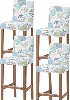 Coastal Bar Stool Covers, Summer Beach Blue Teal Coral Stretch Dining Chair Covers Set