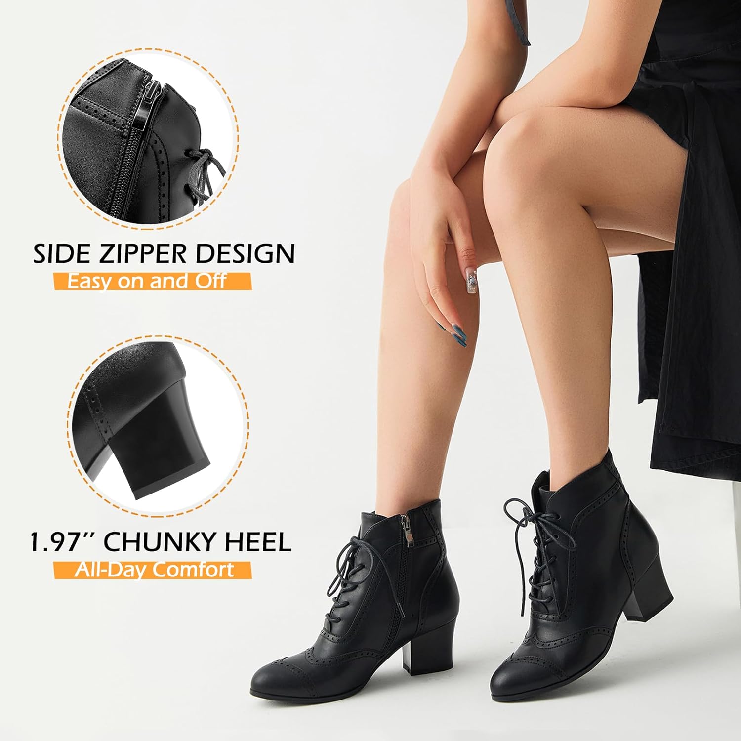 Short Ankle Boots Lace Up Booties for Women Side Zipper Victorian Boots Block Chunky Mid Heel - Image 4