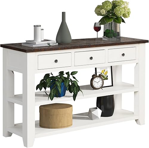 Mesa consola de madera maciza de 48 pulgadas con 3 dawers de almacenamiento y 2 estantes para almacenamiento, entrada, pasillo, vestíbulo, sofá mesa
